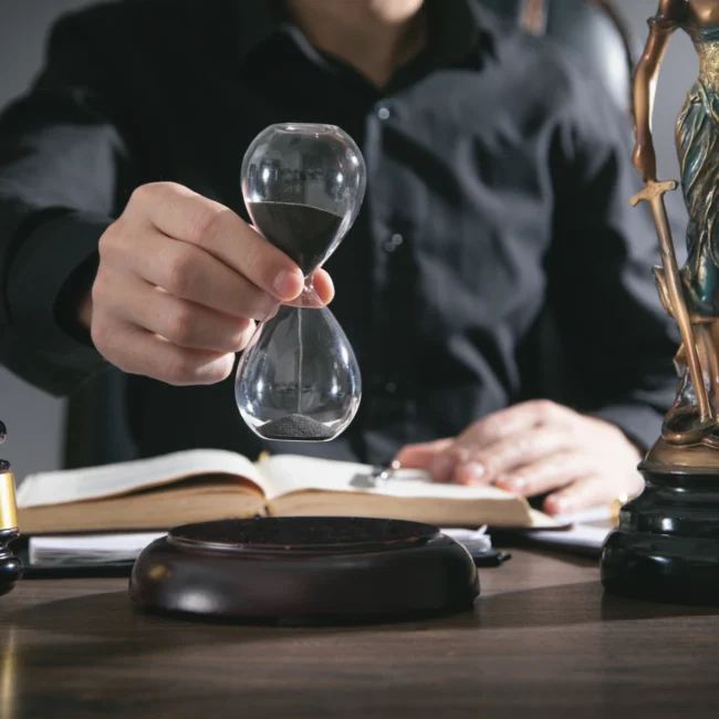 Male judge showing hourglass in a courtroom.
