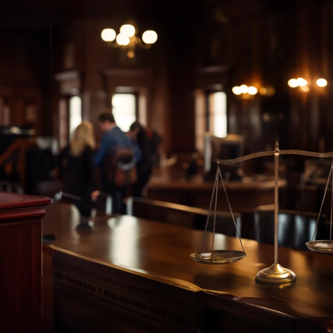 Scales of justice in a dark courtroom.