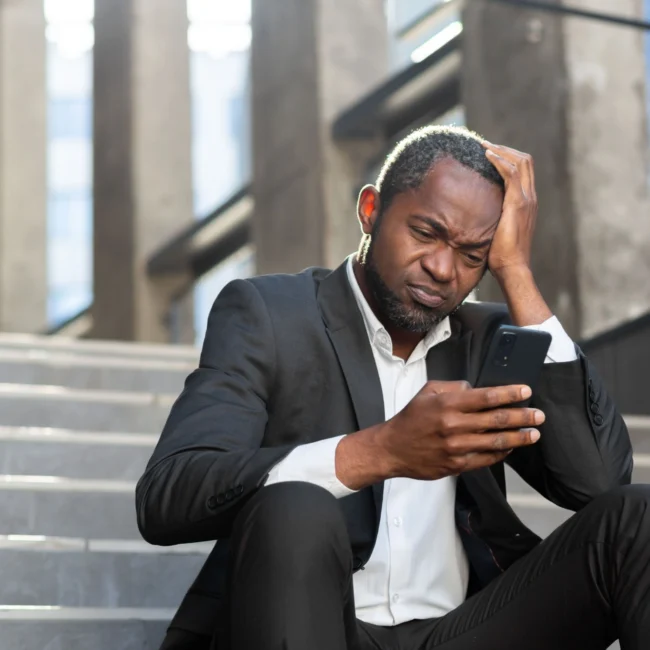 Businessman sitting on the steps looking at his phone angrily