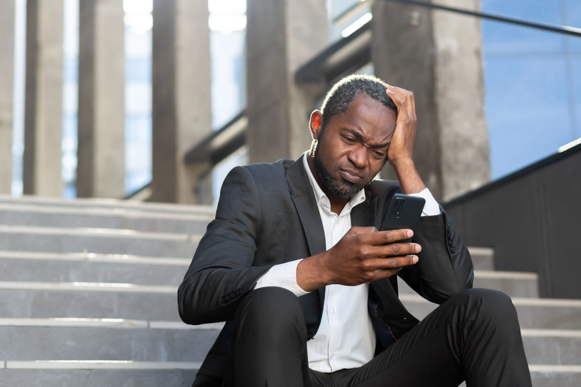 Businessman sitting on the steps looking at his phone angrily