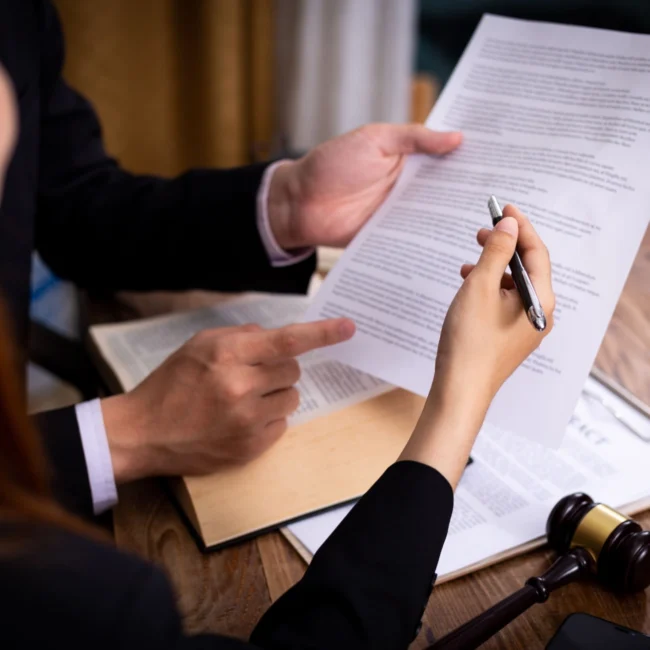 Legal malpractice mediator going over an agreement with a client