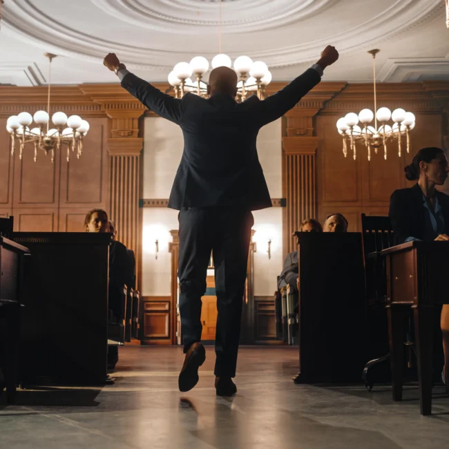 Legal malpractice attorney with his hands up after winning a malpractice suit