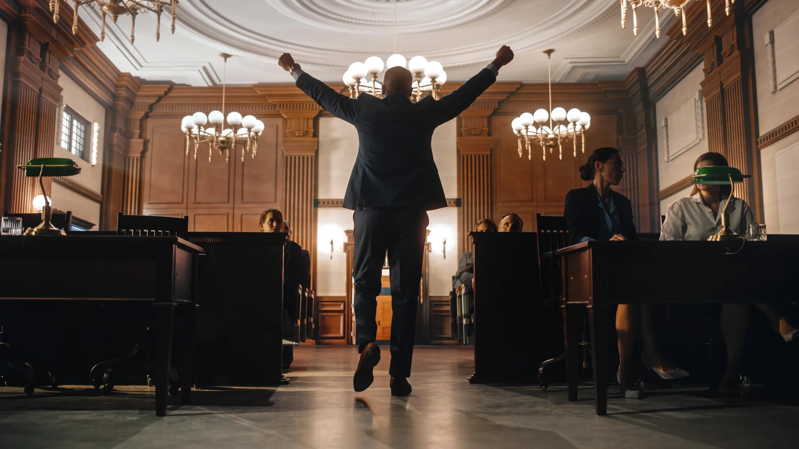 Legal malpractice attorney with his hands up after winning a malpractice suit
