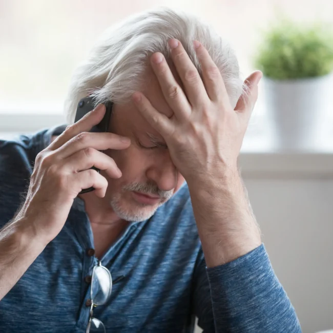 Frustrated man on the phone, unable to get in contact with his lawyer